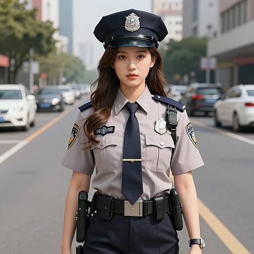 Female Police Officer in Urban Street