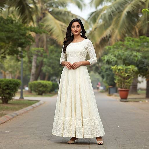 Elegant Woman in Cream Lace Anarkali