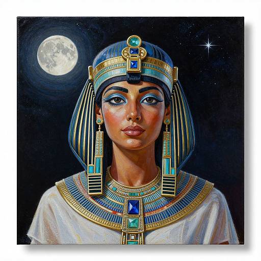 Digital painting of a regal, dark-skinned woman with blue and gold headdress, Egyptian jewelry, moonlit night sky background, and star.