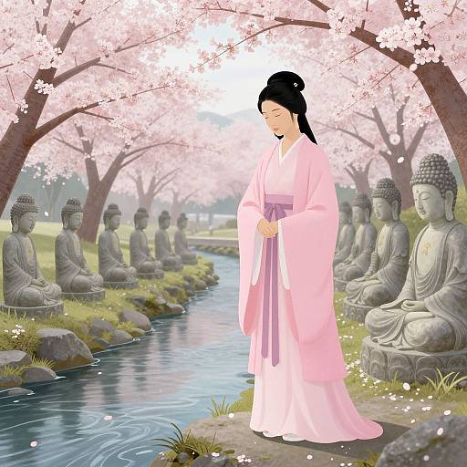 Digital illustration of a serene Japanese woman in pink kimono standing by a cherry blossom-lined stream, surrounded by meditating stone Buddhas.