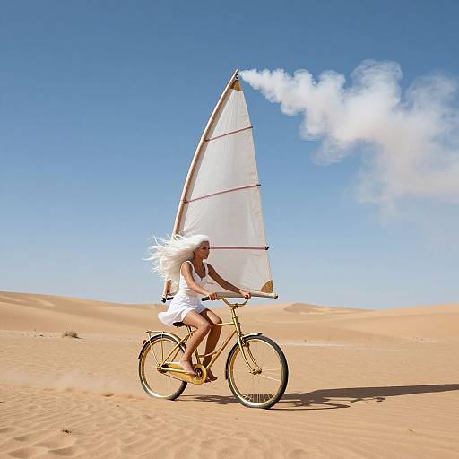 Woman Riding Golden Bicycle in Desert