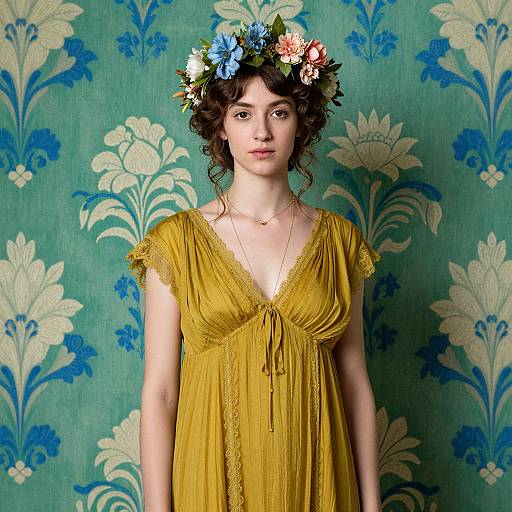 Photograph of a young woman with curly brown hair, wearing a yellow dress and floral crown, standing against a green floral-patterned wallpaper.