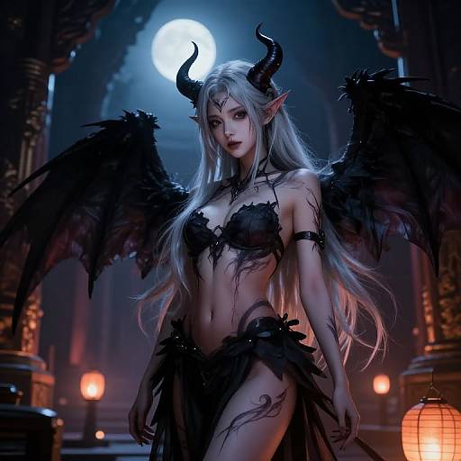 Digital art of a pale-skinned, long-haired, silver-eyed demon woman with black wings and horns, in a revealing black lace outfit, standing under
