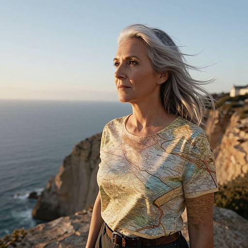 Photograph of a silver-haired woman with tattoos, wearing a map-print shirt, standing on a coastal cliff at sunset, gazing at the ocean.
