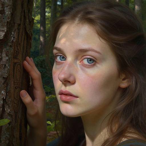 Photograph of a young woman with fair skin, blue eyes, and brown hair, standing in a forest, hand on tree, dappled sunlight