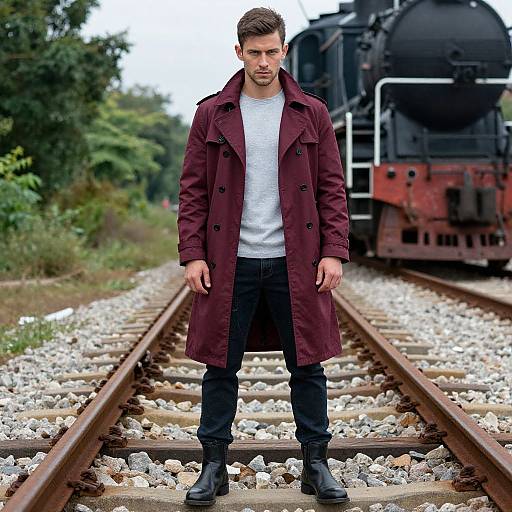 Photograph of a serious, handsome man in a maroon coat, white shirt, black pants, and boots, standing on train tracks with an old