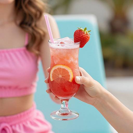 Photograph of a hand holding a pink cocktail with a strawberry, orange slice, and straw, against a blurred blue background and a girl in a pink