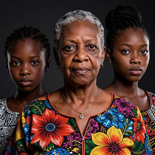 Photograph of three African women with dark skin, short gray-haired elderly woman in center wearing colorful floral dress, flanked by two younger women with natural