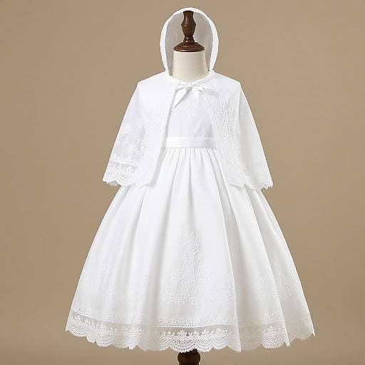 Photograph of a white, lace-trimmed, full-length dress with a hood, displayed on a wooden mannequin against a beige background.