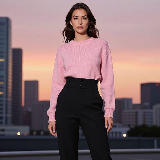 Photograph of a young woman with dark hair wearing a pink knit sweater and high-waisted black pants, standing against a city skyline at sunset.