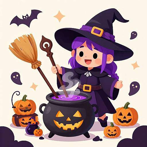 Cheerful Cartoon Witch Brewing Potion
