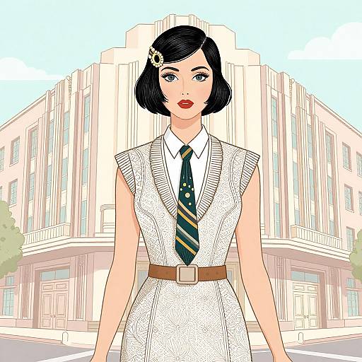 Digital illustration of a stylish woman with short black hair, red lips, white dress with patterned fabric, brown belt, and green-striped tie, standing