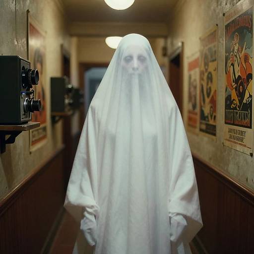 Photograph of a white, ghostly figure with a hooded sheet mask standing in a dimly-lit, vintage hallway with old movie posters and