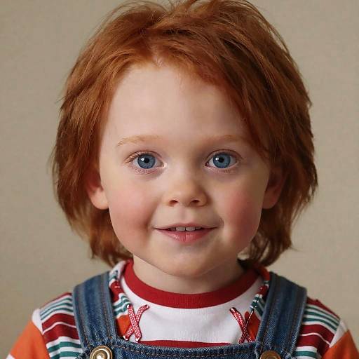 Photograph of a cute, fair-skinned, red-haired toddler with blue eyes, wearing denim overalls and a red-striped shirt, smiling against a