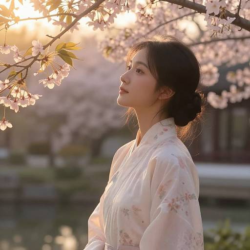 Photograph of a young Asian woman with dark hair in a floral kimono, gazing at cherry blossoms in soft evening sunlight.