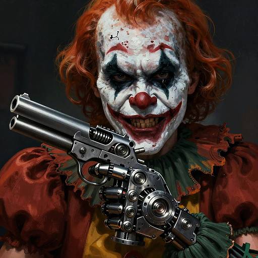 Digital art of a menacing Joker with bloodstained white face, red nose, and curly red hair, holding a silver revolver. Dark background. Gr