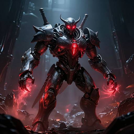 Digital artwork of a towering, black armored demon warrior with glowing red eyes, red energy claws, and a sword, standing in a dark, smoky