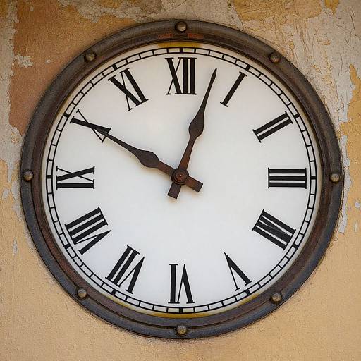 Vintage-style clock with black Roman numerals, ornate black hands, and a weathered beige wall background, mounted circular frame.