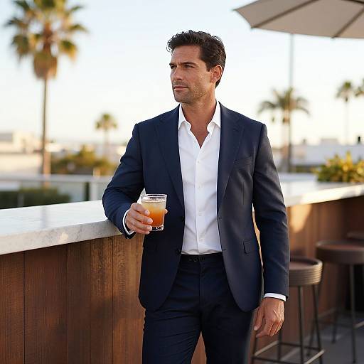 Photograph of a handsome, dark-haired man in a black suit and white shirt, holding an orange drink, standing on a sunny rooftop terrace with palm