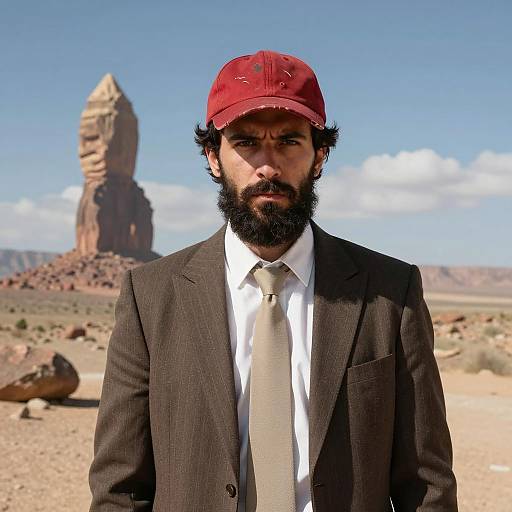 Man in Suit and Red Cap in Desert Landscape