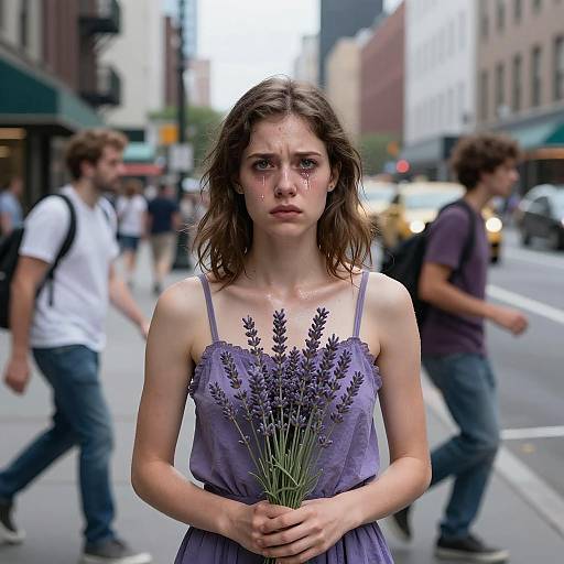 Tearful young woman with lavender in city street
