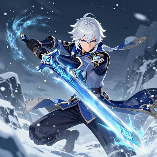 Anime-style digital artwork of a white-haired, blue-eyed male warrior wielding a glowing, ice-blue sword in a snowy, mountainous landscape.