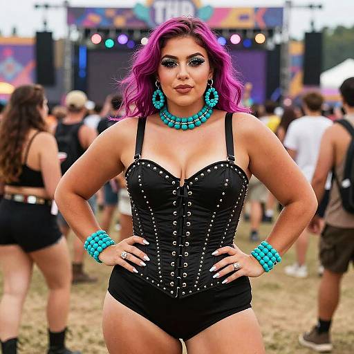 Photograph of a curvy woman with vibrant purple hair, wearing a black studded corset, turquoise jewelry, and black shorts, standing confidently at