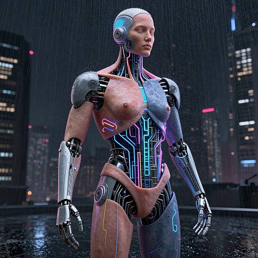CGI image of a bald, humanoid robot with glowing neon circuitry, exposed breasts, and pink underlayer, standing in a rainy, futuristic city