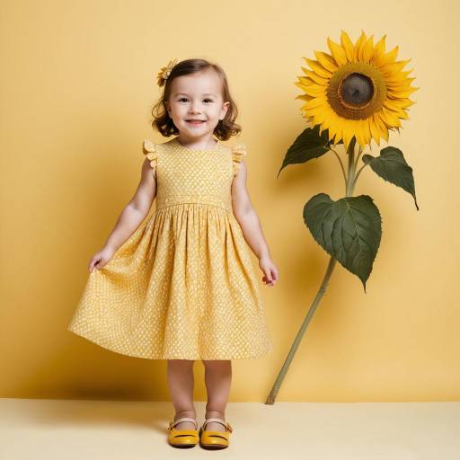 Smiling toddler in yellow dress with sunflower