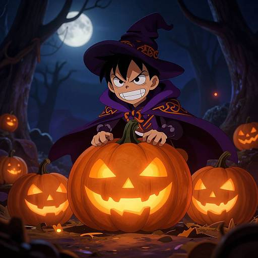 Digital cartoon: Grinning anime boy in witch hat and cape carves glowing jack-o'-lanterns under full moon in dark, spooky forest.