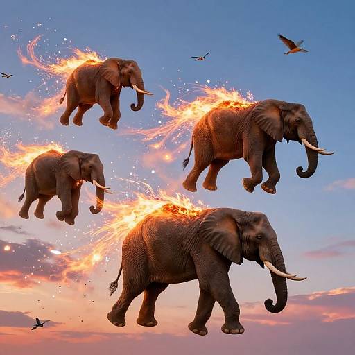 Photograph of four flying elephants with fiery manes against a pink and blue sunset sky, surrounded by birds. Dynamic, magical scene.