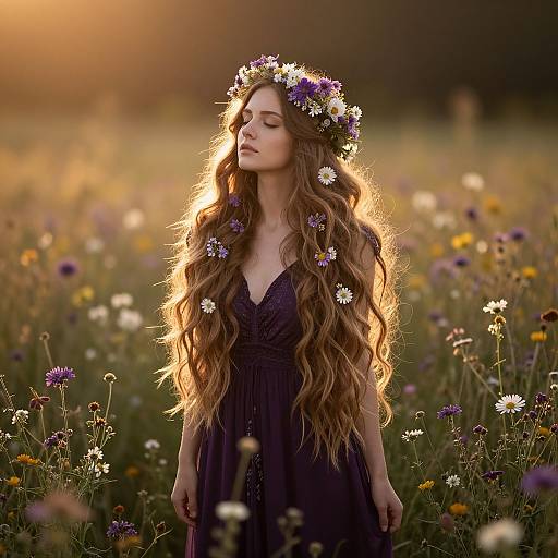 Photograph of a fair-skinned woman with long, wavy brown hair, wearing a purple floral crown and dress, standing in a sunlit me