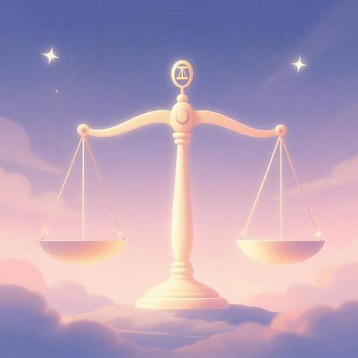 Digital illustration of glowing, illuminated balance scale with suspended pans, set against a pink and blue cloud-filled sky with twinkling stars.