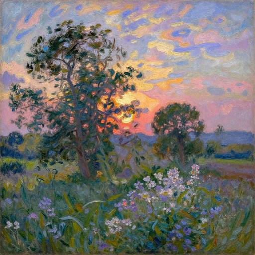 Impressionist oil painting of a vibrant sunset over a grassy field with tall trees, white wildflowers, and colorful, swirling skies.