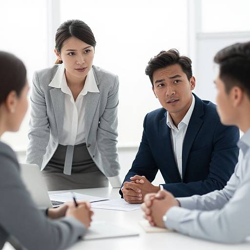 Photograph of four Asian business professionals in formal attire, engaged in a meeting around a white table with a bright background. Two women and two men,