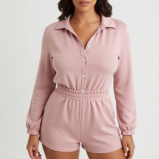 Photograph of a woman in a light pink, long-sleeved romper with a button-down front and elastic waist, standing against a white background
