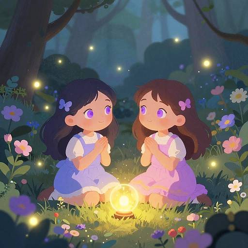 Girls with Purple Eyes in Magical Garden