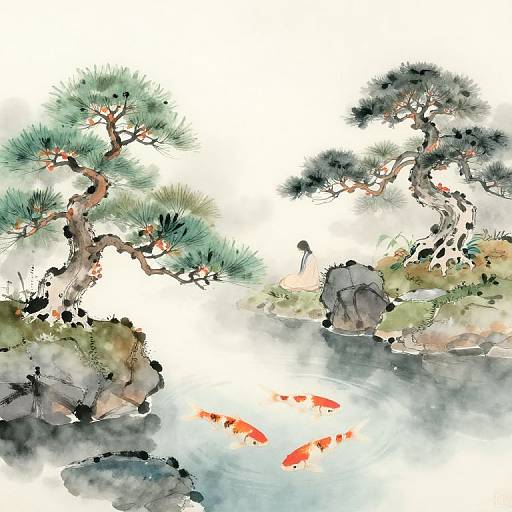 Watercolor painting of two twisted pine trees, rocky landscape, and three vibrant orange koi fish swimming in a serene pond.