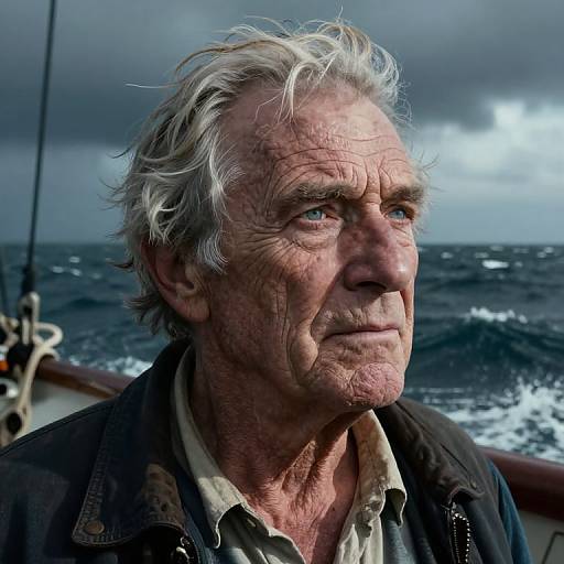 Photograph of a weathered, white-haired elderly man with deep wrinkles and blue eyes, standing on a boat in a stormy ocean.