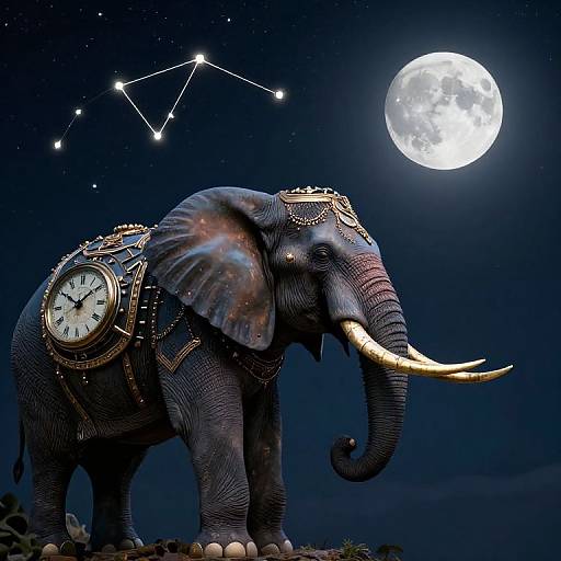 Fantasy illustration of a majestic, clock-adorned elephant with gold horns under a bright moonlit night sky, featuring a constellation.