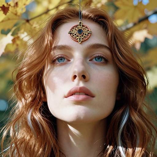 Close-up photograph of a fair-skinned woman with blue eyes, wavy auburn hair, wearing a gold, ornate forehead ornament, surrounded