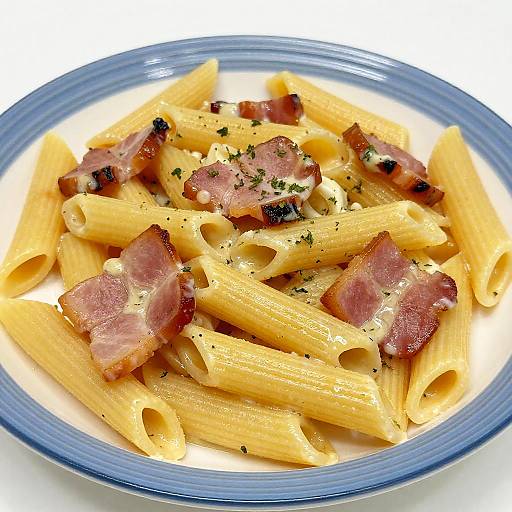 Photograph of penne pasta topped with crispy bacon strips, sprinkled with green herbs, on a blue-rimmed white plate.