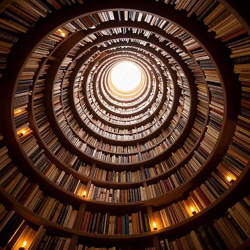 Photograph of a spiral bookshelf ceiling, illuminated by a bright central light, with rows of books surrounding the light. Warm, orange lights accentuate