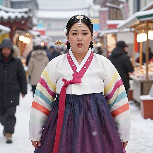 Photograph of a young Asian woman in traditional Korean hanbok with colorful striped sleeves, white top, and dark purple skirt, standing in a snowy