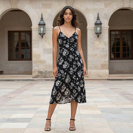 Photograph of a young woman with curly brown hair, wearing a black floral dress and black sandals, standing in front of a stone building with arches