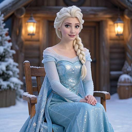 Digital illustration of Elsa from Frozen, with long blonde braid, sparkling blue dress, sitting on a snow-covered wooden chair, in front of a cozy