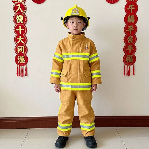 Photograph of an Asian toddler in yellow firefighter uniform and helmet, standing in front of white wall with red Chinese New Year decorations.