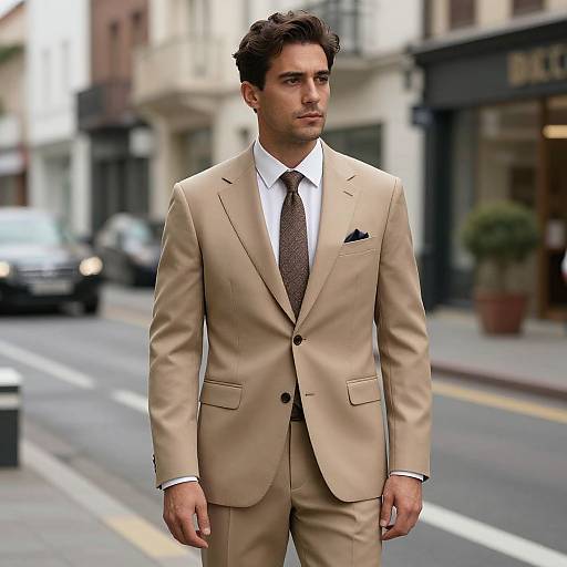 Photograph of a handsome, dark-haired man in a beige suit, white shirt, and brown tie, standing on a city street with blurred buildings and