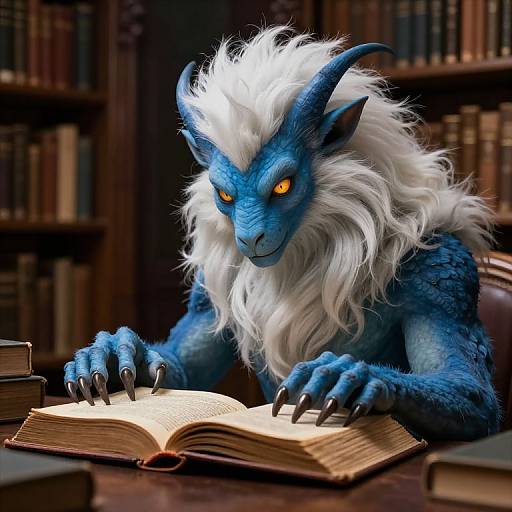 Digital artwork of a blue, dragon-like creature with white mane and glowing yellow eyes, reading an open book in a library.