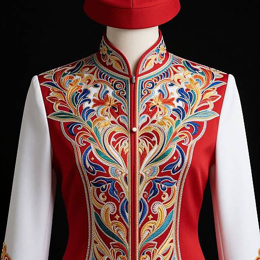 Photograph of an ornately embroidered red and white men's vest with intricate gold, blue, and orange floral patterns on a black background.